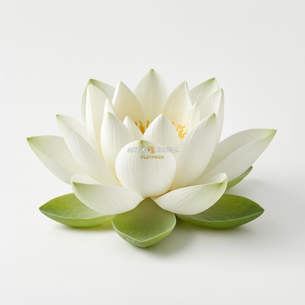 一朵白色莲花，清晰产品摄影，白色背景，柔和光线